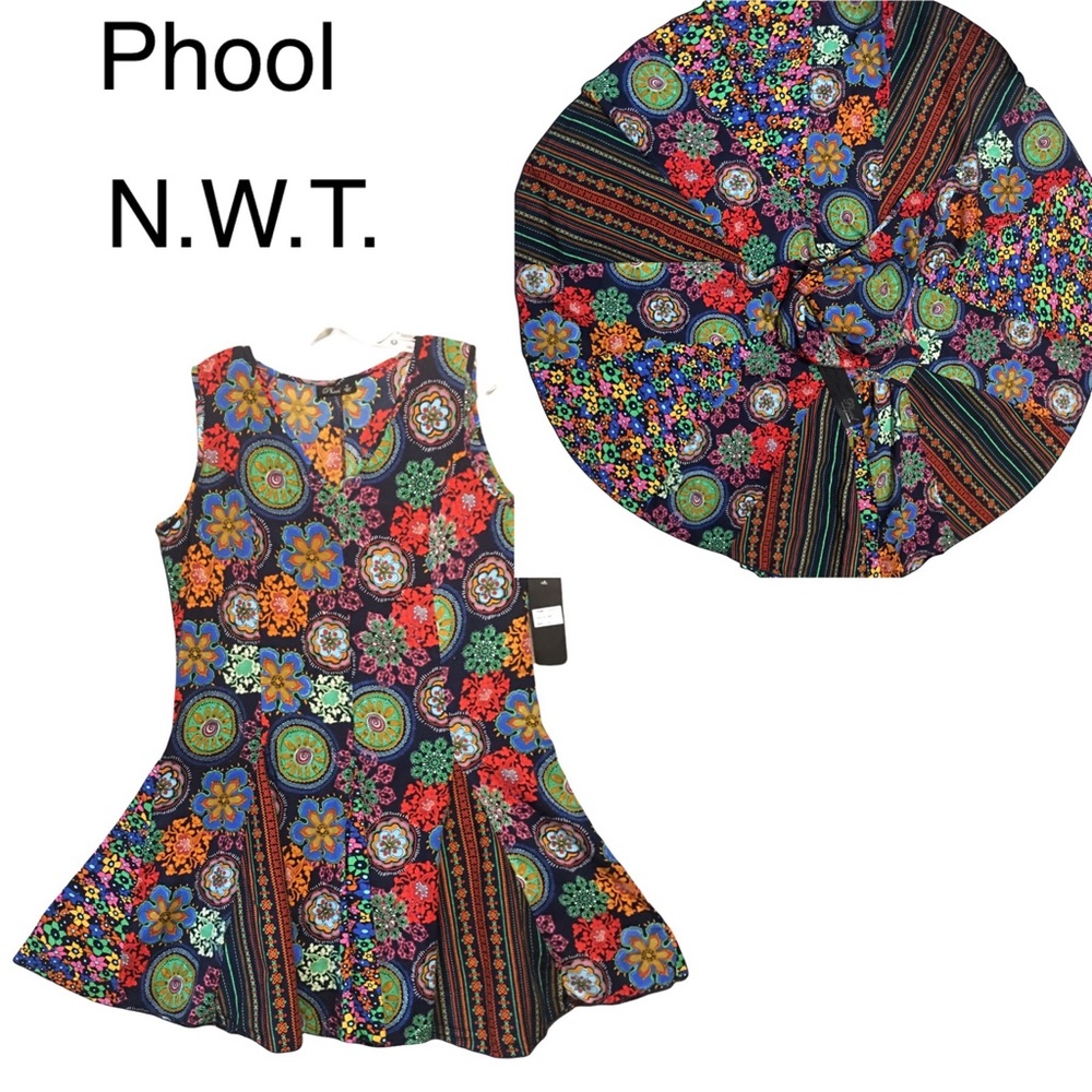 PHOOL Y2K Flirty Med Dress Artsy Fit & Flare Patchwork Circle skirt Boho NWT